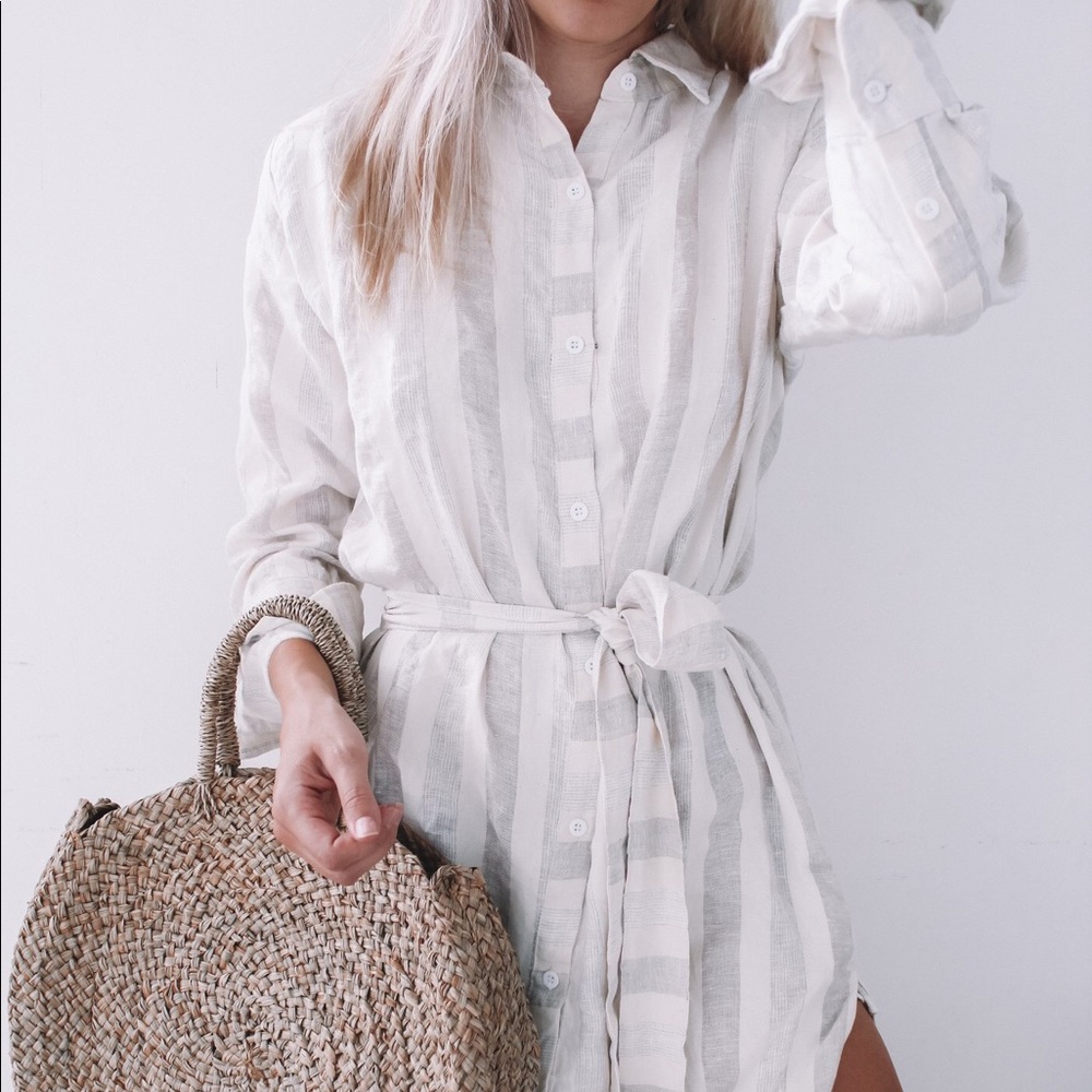 LJC Designs Collared Stripped Maxi Dress with Tie